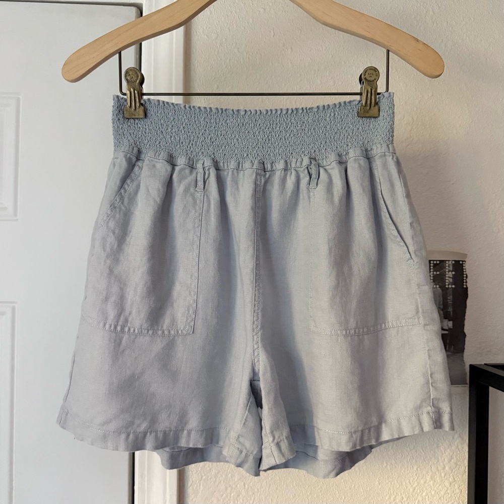 MAGASCHONI linen light dusty denim baby blue smocked high waist pull on shorts